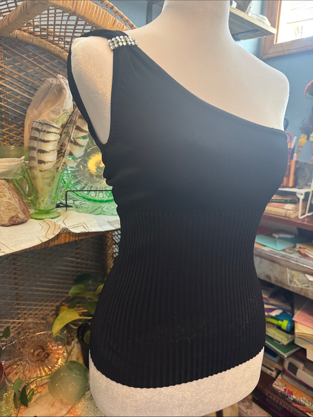 VTG Bebe Y2K Black One Shoulder Ribbed Stretchy Rhinestone Detail going out top